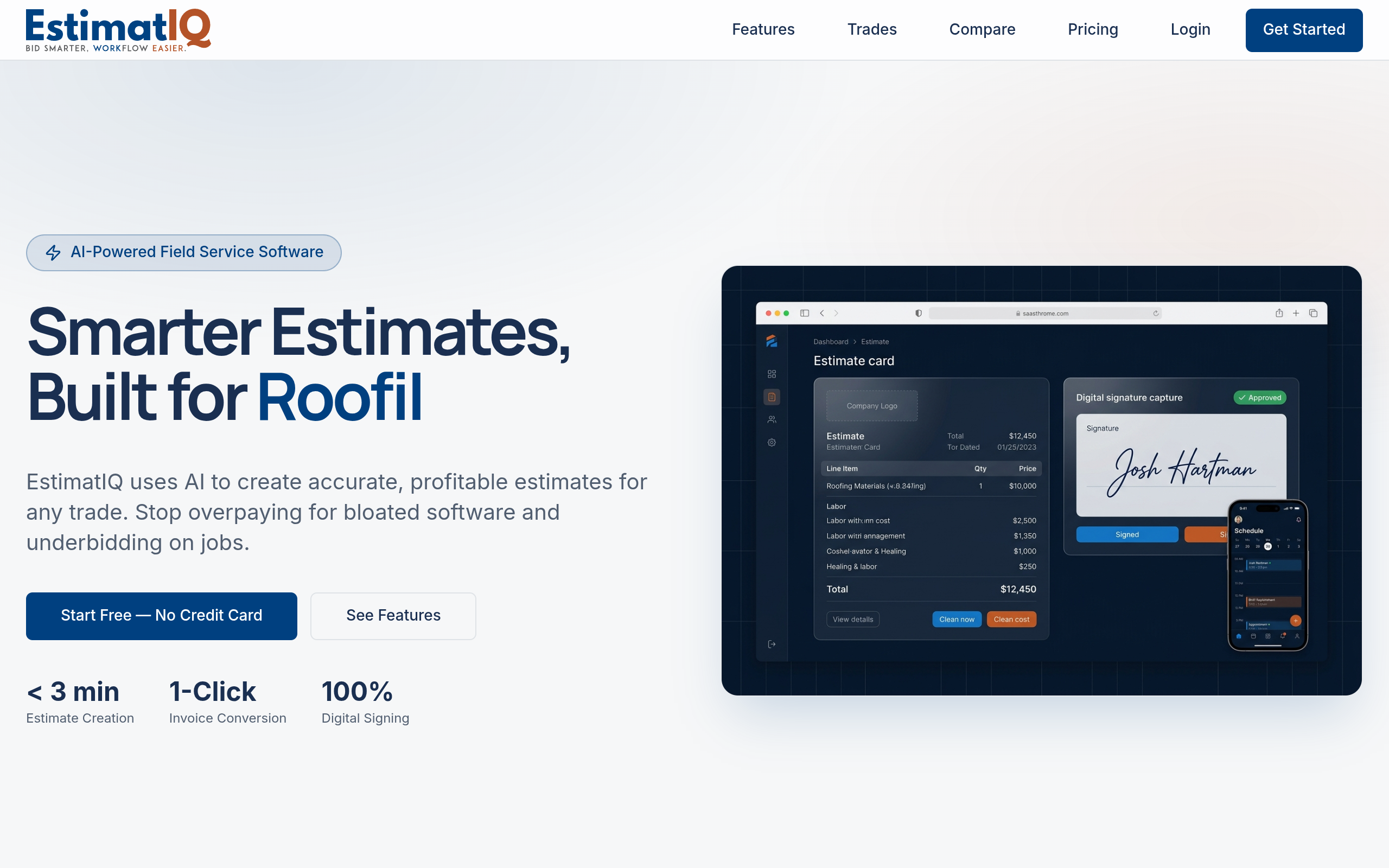 EstimatIQ live dashboard — trade-specific estimating workflow, proposals, and client acceptance portal