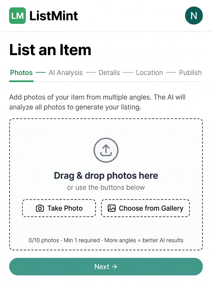 ListMint AI Listing Creator — multi-step wizard with AI-generated fields and badges