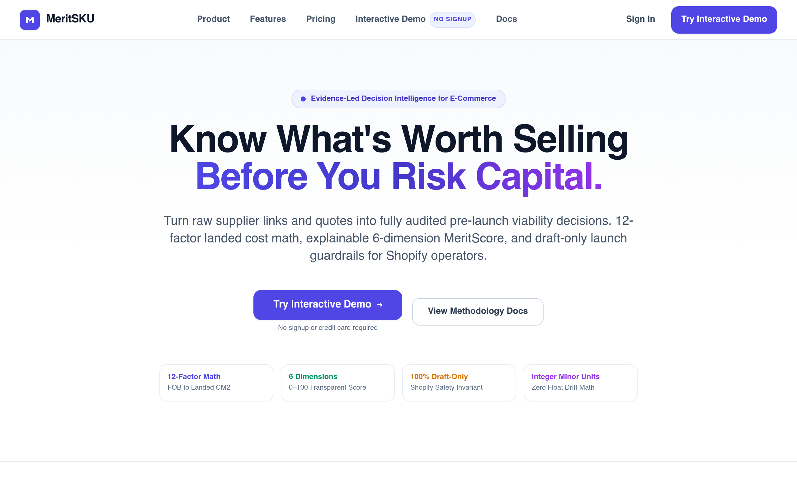 MeritSKU live intelligence platform dashboard — landed cost calculation, SKU ranking, and multi-channel metrics